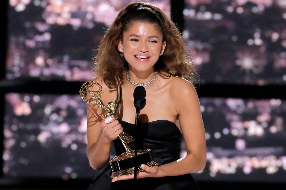 Zendaya accepts the Outstanding Lead Actress in a Drama Series award for "Euphoria" on stage during the 74th Annual Primetime Emmy Awards held at the Microsoft Theater on September 12, 2022.