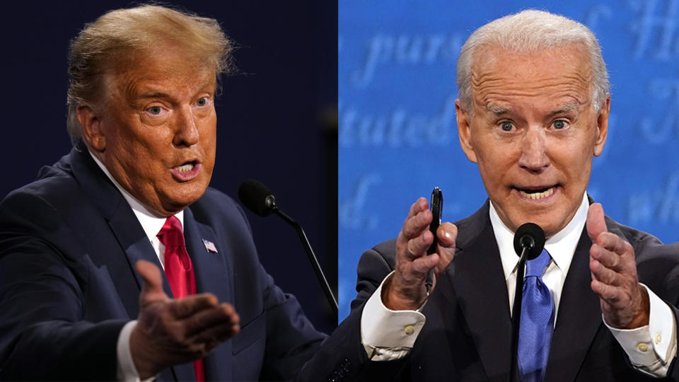 President Donald Trump and Joe Biden during the final Presidential Debate in Nashville, TN on Oct. 22, 2020. (Photo illustration: Yahoo News; photos: Patrick Semansky/AP,  Julio Cortez/AP)