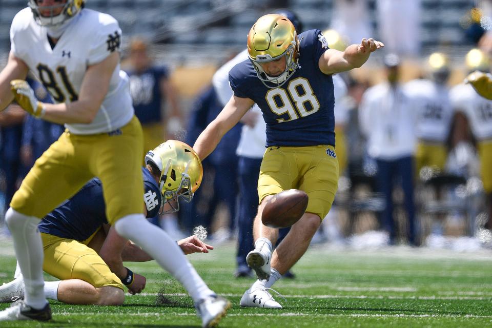 Jamestown resident Harrison Leonard kicks during Notre Dame's Blue-Gold game in 2021.