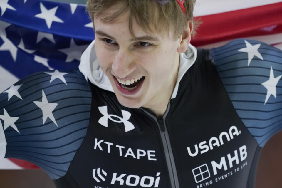 Jordan Stolz of the U.S. celebrates winning his third gold medal on the 1500m Men event of the Speedskating Single Distance World Championships at Thialf ice arena Heerenveen, Netherlands, Sunday, March 5, 2023. (AP Photo/Peter Dejong)