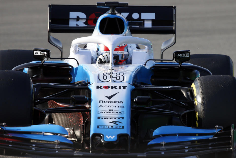 Williams driver George Russell of Britain steers his car during a Formula One pre-season testing session at the Barcelona Catalunya racetrack in Montmelo, outside Barcelona, Spain, Thursday, Feb.21, 2019. (AP Photo/Joan Monfort)