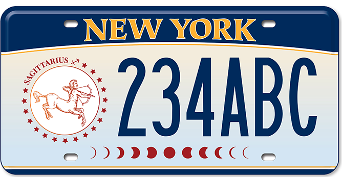 The New York State Department of Motor Vehicles debuted new custom zodiac license plates on Wednesday.  The Sagittarius-specific picture is orange and contains the Sagittarius symbol of a centaur - half man, half horse - shooting a bow and arrow.