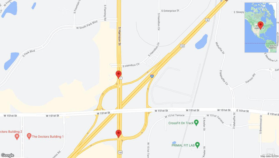 Un mapa detallado que muestra la carretera afectada debido a 'Olathe: K-7 cerrada temporalmente' el 17 de junio a las 7:13 p.m.