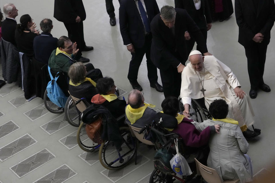 Pope Francis leaves after an audience with the dioceses of Spoleto and Norcia in the Paul VI Hall, at the Vatican, Saturday, May 20, 2023. (AP Photo/Alessandra Tarantino)