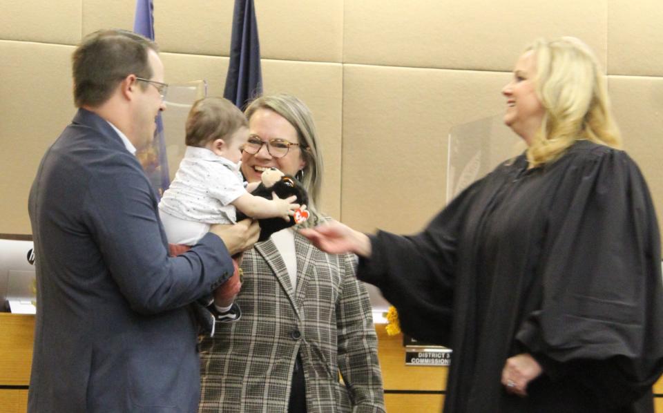 Following his adoption confirmation hearing, Monroe County Probate Judge Cheryl E. Lohmeyer gave Asher James Jacobs an adopted teddy bear. The six-month-old was adopted by Nicholas and Julie Jacobs on Monroe County Adoption Day 2022.