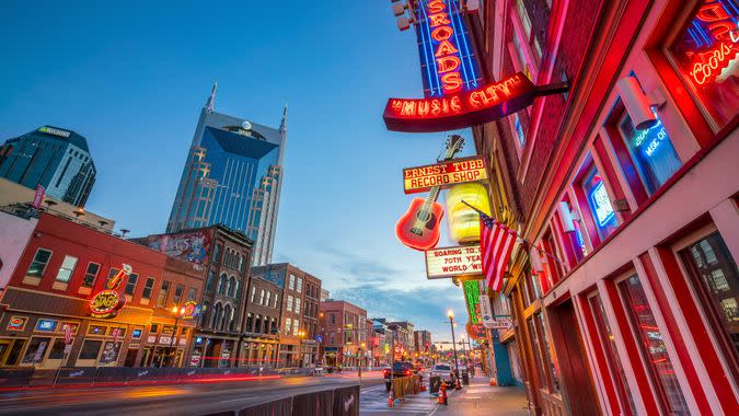Nashville Tennessee city street at dusk