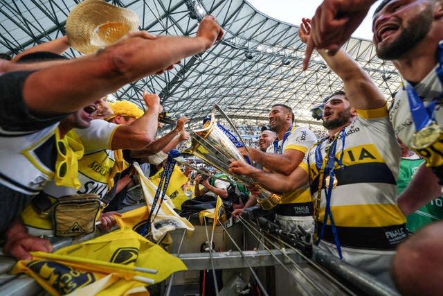 La Rochelle players celebrate with their fans after victory over Leinster in the Heineken Champions Cup final at the Stade Velodrome in Marseille