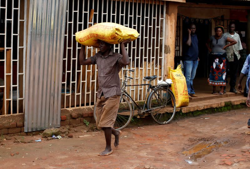 FILE PHOTO: A Malawian subsistence farmer carries a bag of fertilizer near the capital Lilongwe