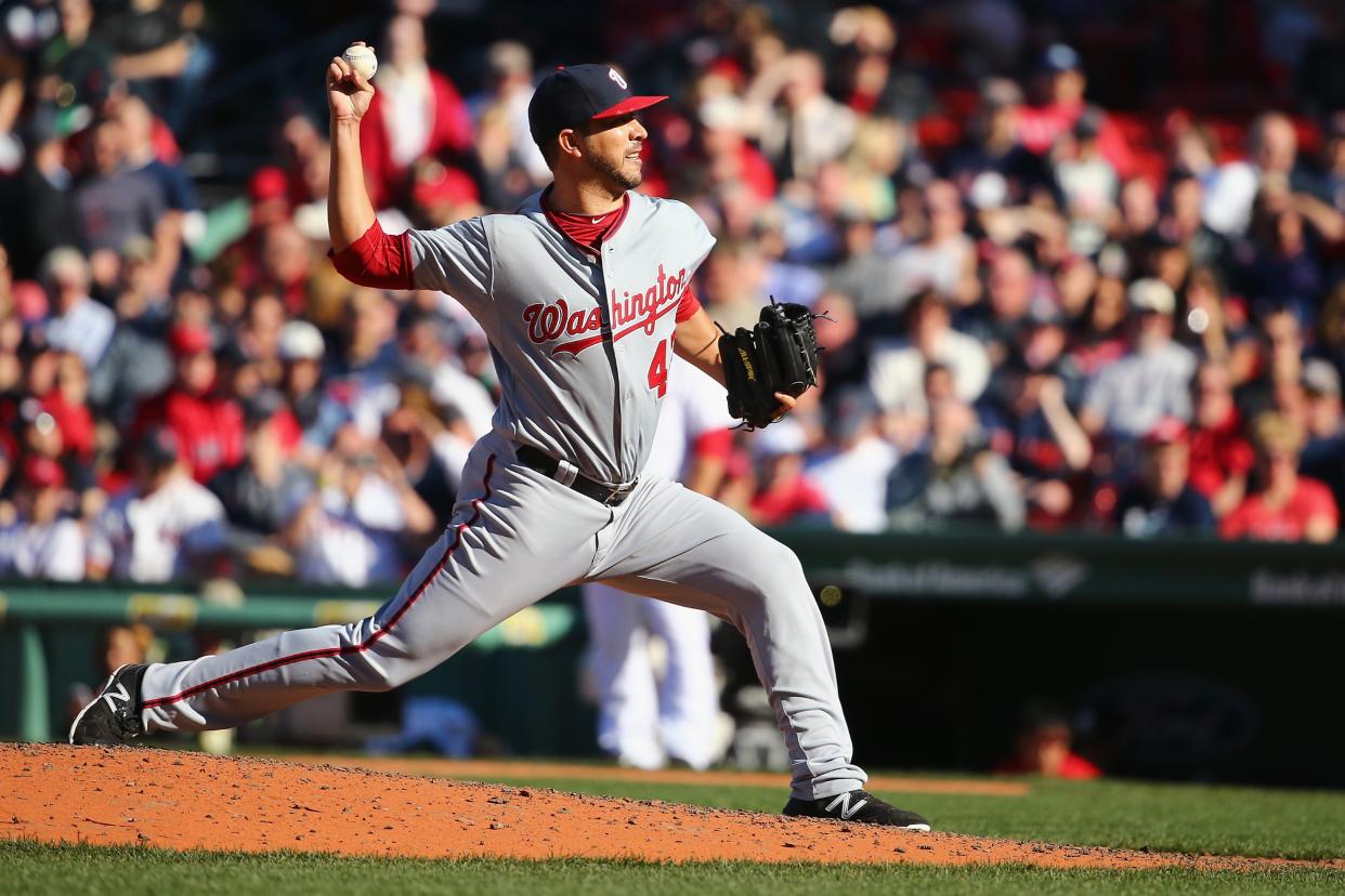 BOSTON, MA - APRIL 15: Rafael Martin #52 of the Washington Nationals pitches against the Boston Red Sox while wearing the #42 to commemorate Jackie Robinson Day during the eighth inning at Fenway Park on April 15, 2015 in Boston, Massachusetts. (Photo by Maddie Meyer/Getty Images)