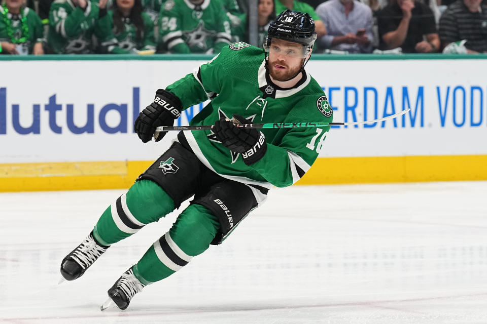DALLAS, TX - MAY 29: Max Domi #18 of the Dallas Stars skates against the Vegas Golden Knights in Game Six of the Conference Final of the 2023 Stanley Cup Playoffs at the American Airlines Center on May 29, 2023 in Dallas, Texas. (Photo by Glenn James/NHLI via Getty Images)