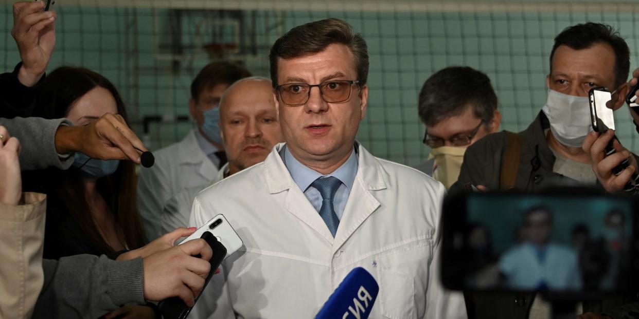 Alexander Murakhovsky, chief doctor of a hospital, where Alexei receives medical treatment, speaks with the media in Omsk, Russia August 21, 2020. Alexei Navalny began feeling ill, en route from Tomsk to Moscow, on a plane which made an emergency landing in Omsk due to his serious condition.