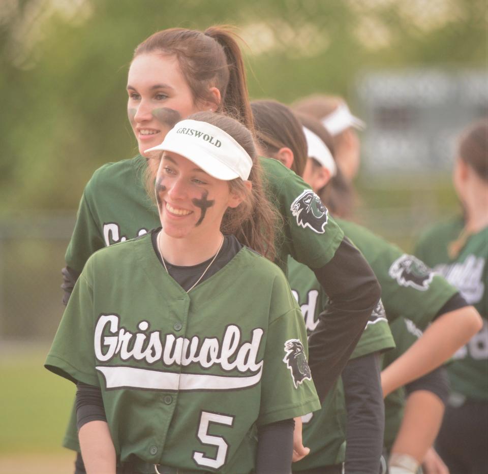 Griswold seniors Adrianna Morabito (5) and Makayla Neilson are all smiles after the Wolverines defeated Windham on Senior Day.