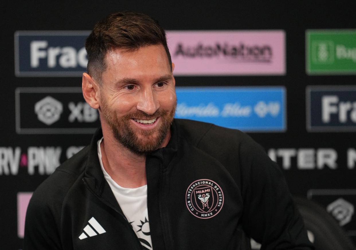 Lionel Messi addresses the media at the DRV PNK Stadium press conference room on Thursday.