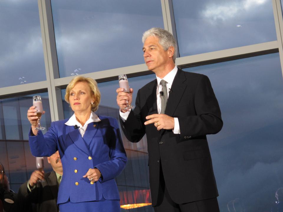 New Jersey Lt. Governor Kim Guadagno, left, and Revel Entertainment CEO Kevin DeSanctis toast employees at the $2.4 billion casino resort in Atlantic City N.J. at its opening on April 2, 2012. Three labor unions including the United Auto Workers and the Teamsters announced a drive to unionize the resort on April 30, 2012. (AP Photo/Wayne Parry)