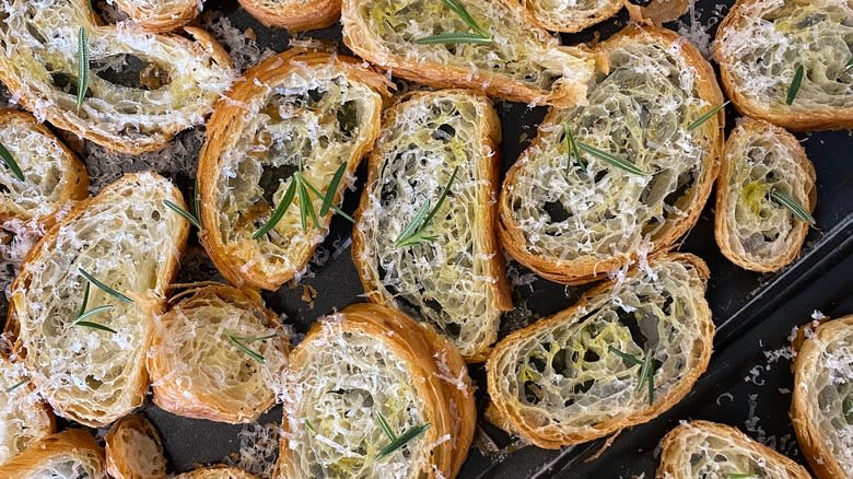 Baking tray of croissant croutons