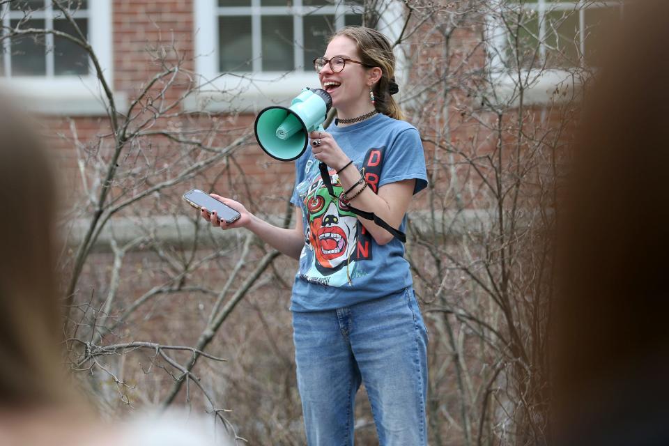 Izzy Medeiros, co-president of the UNH Planned Parenthood Generation Action, speaks to the crowd at Thompson Hall on Friday, May 6, 2022, during a rally to show support for reproductive rights.