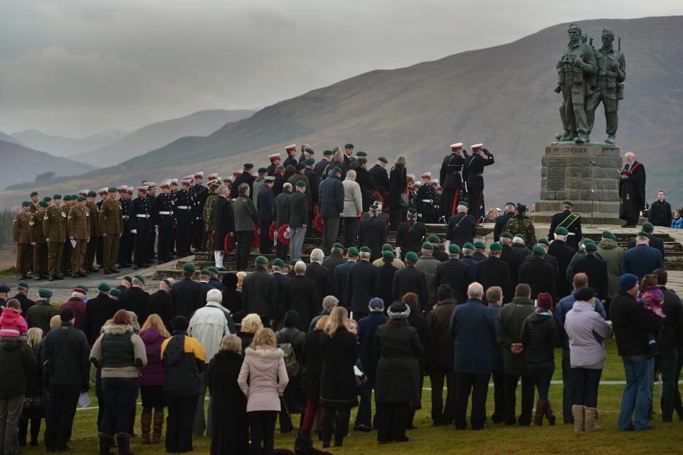 FORT WILLIAM, UNITED KINGDOM - NOVEMBER 11: Servicemen and women join veterans as they attend a Remembrance Sunday ceremony at Commando Memorial on November 11, 2012 in Spean Bridge, Scotland. Remembrance Sunday tributes were carried out across the nation to pay respects to all who those who lost their lives in current and past conflicts, including the First and Second World Wars (Photo by Jeff J Mitchell/Getty Images)