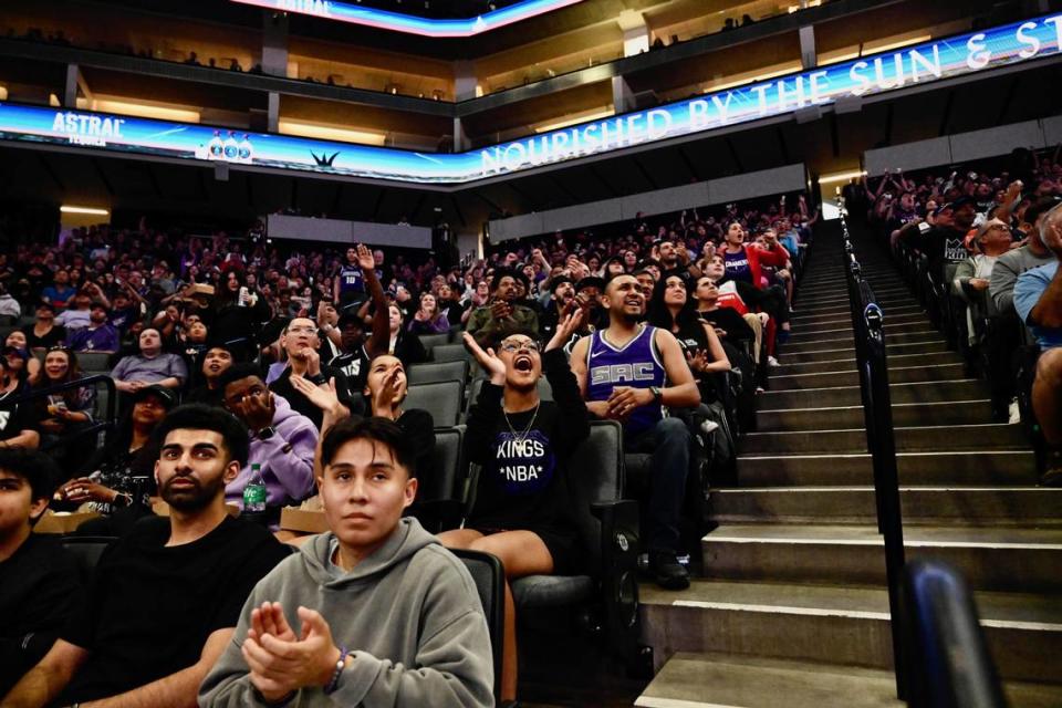 Sacramento Kings fans cheer their team at Golden 1 Center for the watch party for Game 3 of their first-round playoff series on Thursday, April 20, 2023.