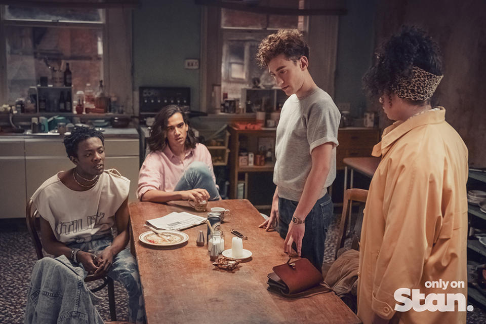 Roscoe Babatunde (Omari Douglas), Ash Mukherjee (Nathaniel Curtis), Ritchie Tozer (Olly Alexander) and Jill Baxter (Lydia West) are the beating heart of It's a Sin. Photo: Stan 