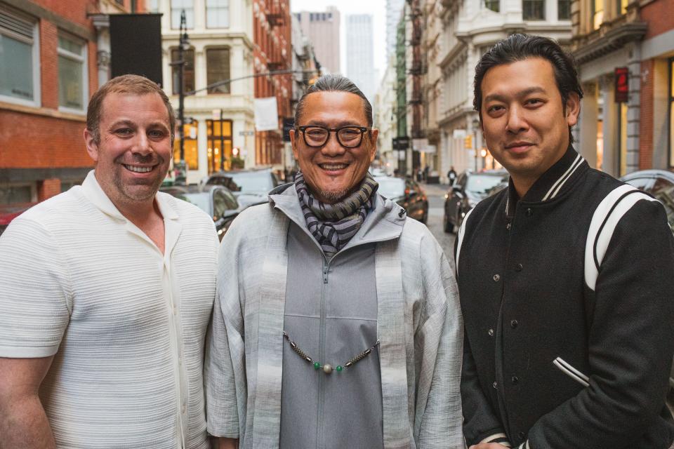 Chef Masaharu Morimoto (center) with Montclair Hospitality Group CEO Joey Simons (L) and founder Luck Sarabhayavanija (R).