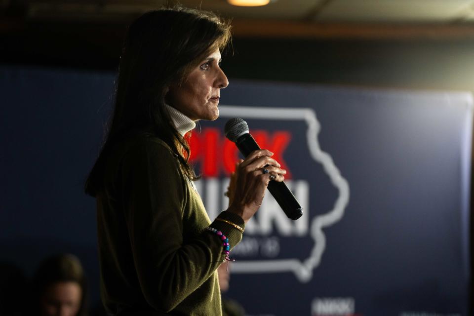 Former U.N. Ambassador Nikki Haley speaks to a crowd during a campaign stop in Davenport Saturday, Jan. 13, 2024, at Thunder Bay Grille in Davenport, IA.