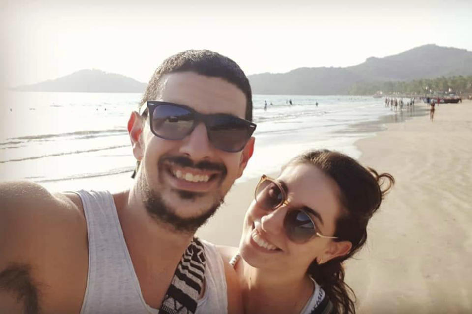 This undated and unknown location photo shows married couple Or Levy, 33, and Eynav Elkayam Levy, 32. The couple fled the Nova music festival on Oct. 7 when Hamas rockets flew overhead and hid in a bomb shelter. Enyav’s family was told she was killed there and Or was taken hostage. (Michael Levy via AP)