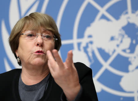 FILE PHOTO: U.N. High Commissioner for Human Rights Michelle Bachelet attends a news conference at the United Nations in Geneva, Switzerland, December 5, 2018. REUTERS/Denis Balibouse/File Photo