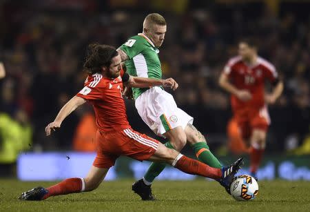 Football Soccer - Republic of Ireland v Wales - 2018 World Cup Qualifying European Zone - Group D - Aviva Stadium, Dublin, Republic of Ireland - 24/3/17 Wales' Joe Allen in action with Republic of Ireland's James McClean Reuters / Clodagh Kilcoyne Livepic