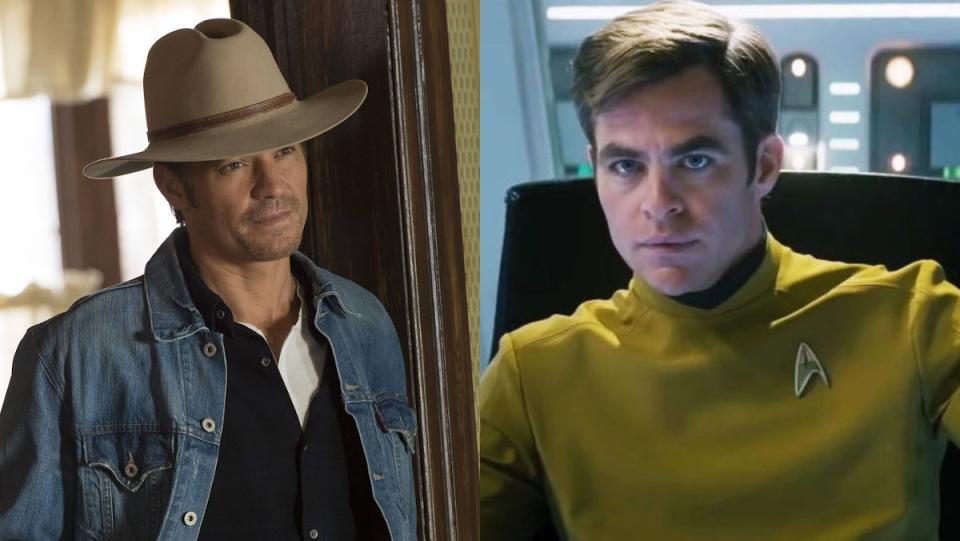 Timothy Olyphant as Marshall in Justified and Chris Pine as Captain Kirk in Star Trek movie