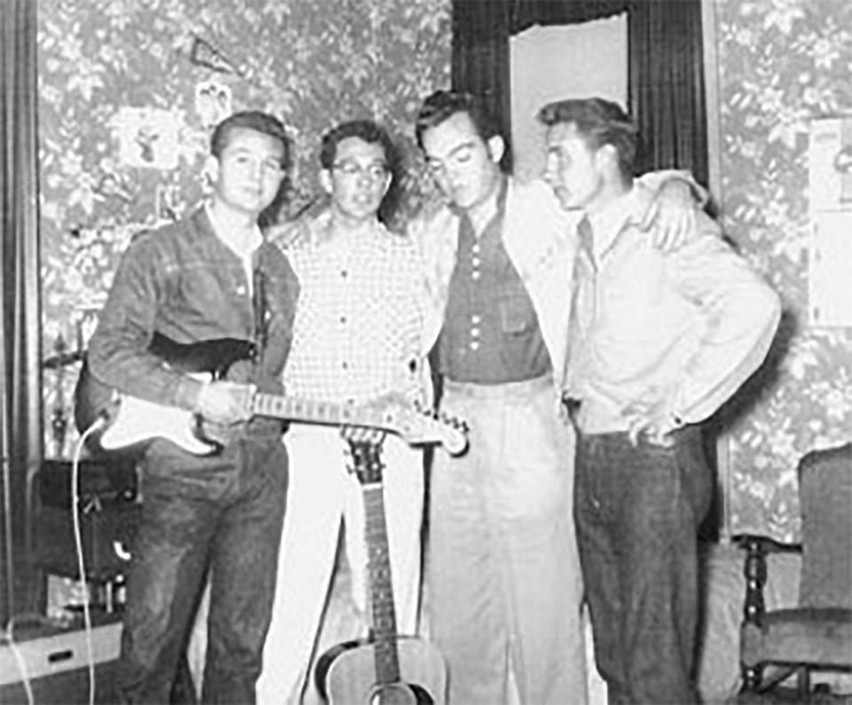 Nashville, 1956, (left to right) Sonny Curtis, Buddy Holly, Don Guess and Sonny's brother Dean.