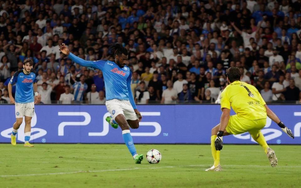 Zambo Anguissa slides home Napoli’s second goal (Reuters)