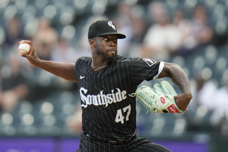 Chicago White Sox starting pitcher Touki Toussaint throws during the first inning of a baseball game against the Cleveland Guardians, Friday, July 28, 2023, in Chicago. (AP Photo/Erin Hooley)