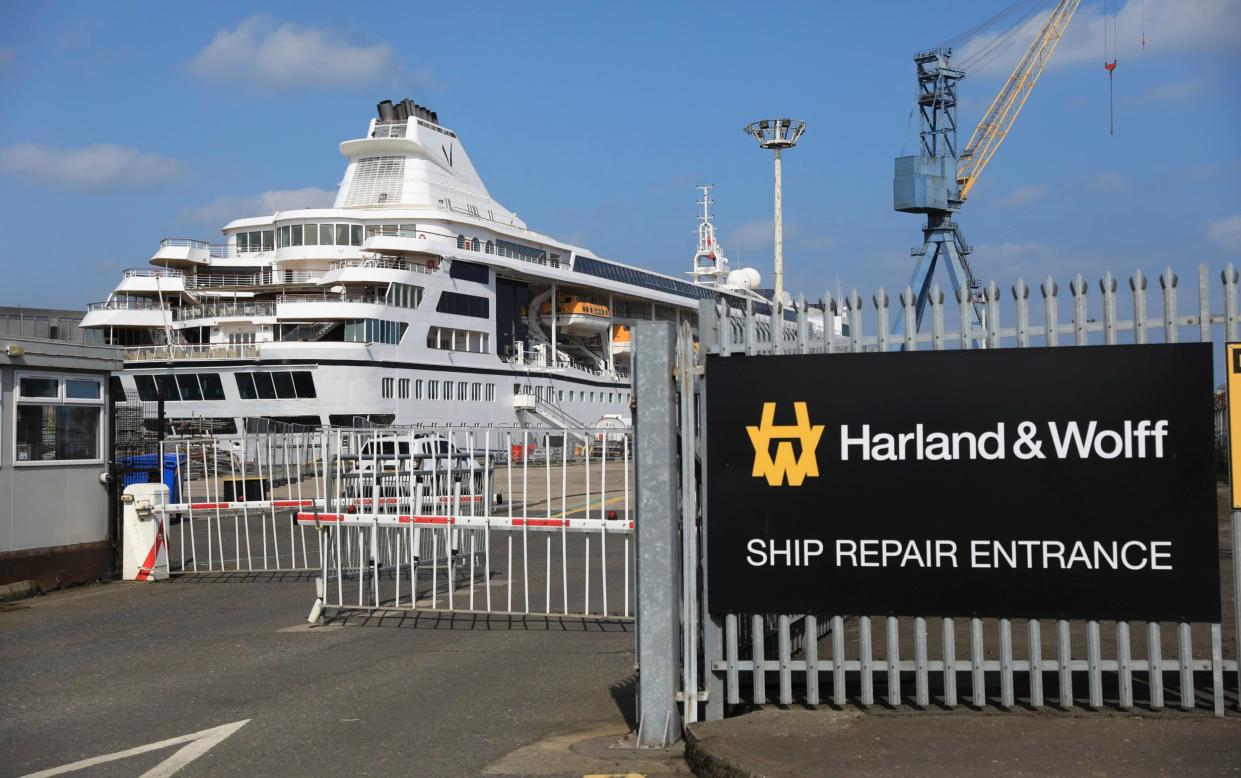 The Odyssey docked at Harland & Wolff ship repair facility in Belfast