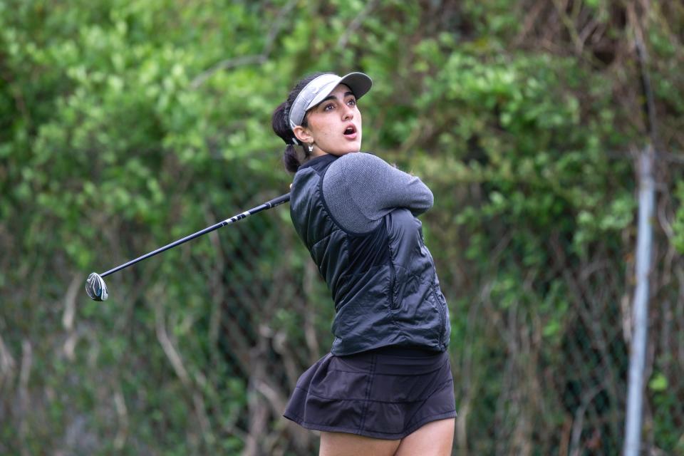 Marlboro's Kashish Malik competes in the Monmouth County girls' high school golf championship at Jumping Brook Country Club in Neptune, NJ Monday April 17, 2023.