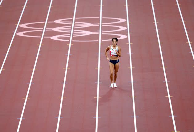 Johnson-Thompson completes the 200m segment of the women's heptathlon alone (Photo: Joe Giddens - PA Images via Getty Images)