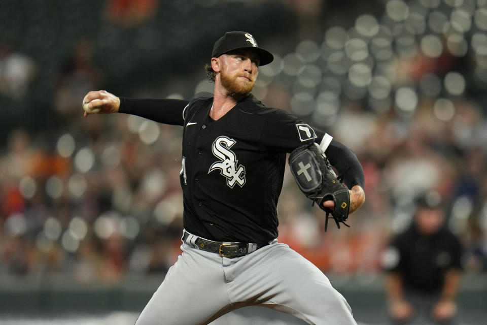 Chicago White Sox starting pitcher Michael Kopech throws to the Baltimore Orioles during the second inning of a baseball game, Monday, Aug. 28, 2023, in Baltimore. (AP Photo/Julio Cortez)