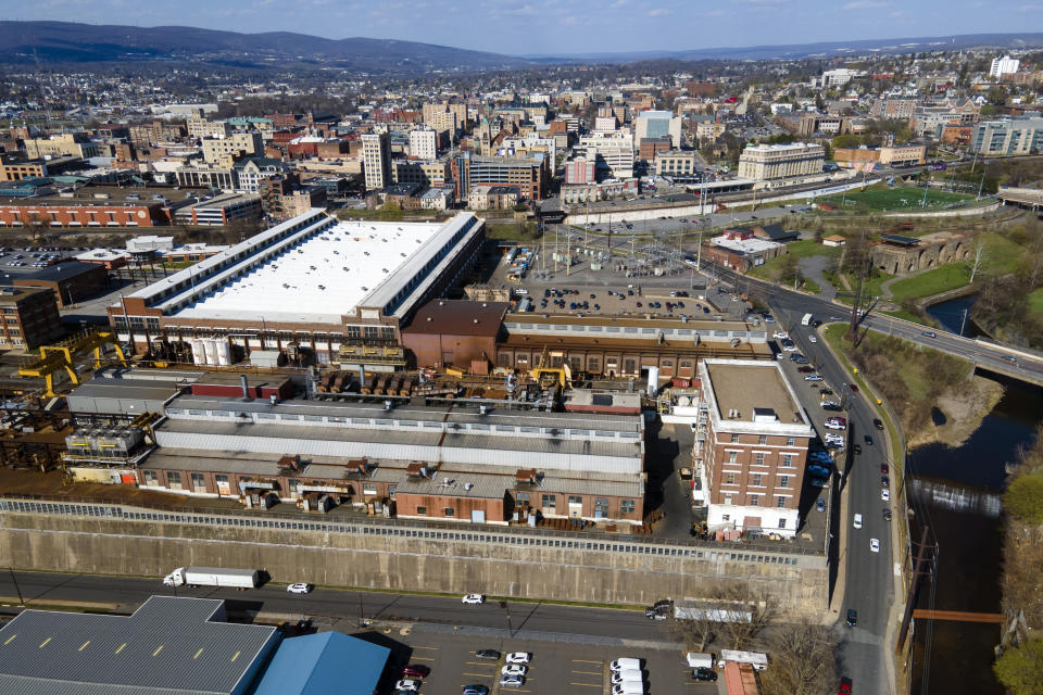 The Scranton Army Ammunition Plant is in downtown Scranton, Pennsylvania, on Thursday, April 13, 2023. One of the most important munitions of the Ukraine war comes from the historic factory here in Scranton, where tons of steel rods are brought in by train to be forged into the 155 mm shells Kyiv can't get enough of, and that the U.S. can't produce fast enough. (AP Photo/Ted Shaffrey)