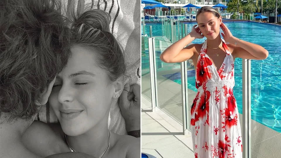 Mia Fevola is seen here by a pool and lying alongside her boyfriend in a photo on the left.