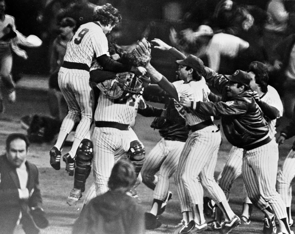 The Milwaukee Brewers began celebrating at the pitchers mound after clinching the American League pennant on October 11, 1982.