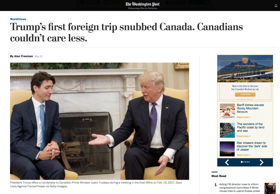 Coverage of Trump's alleged Canada snub in the American press. Screenshot of Washington Post news article