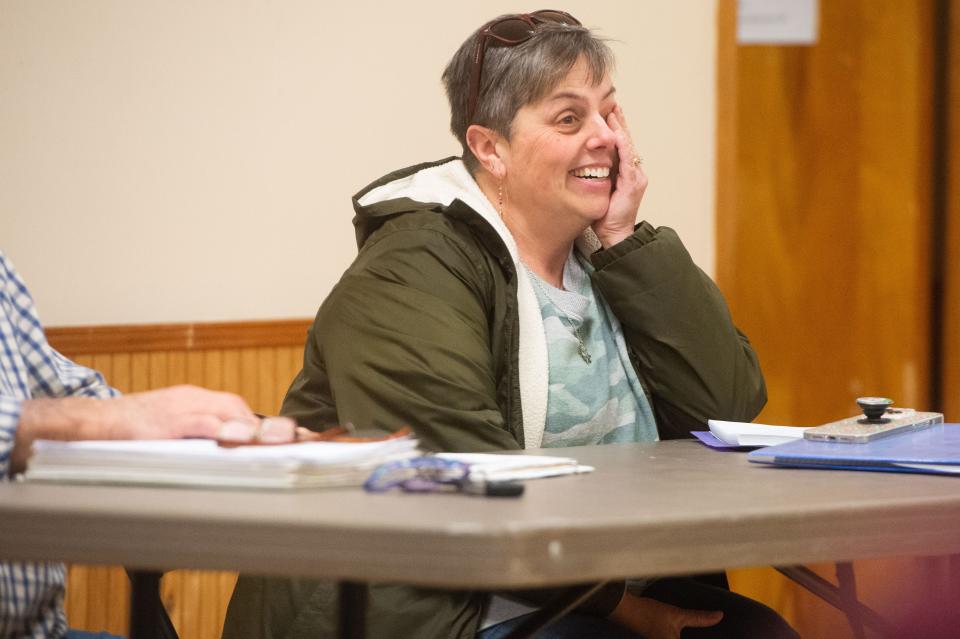 Vice President Cassie Kiestler laughs as Don Gordon reveals she'll lead next month's meeting during the Karns Community Club meeting on Tuesday, Feb. 7, 2023. 