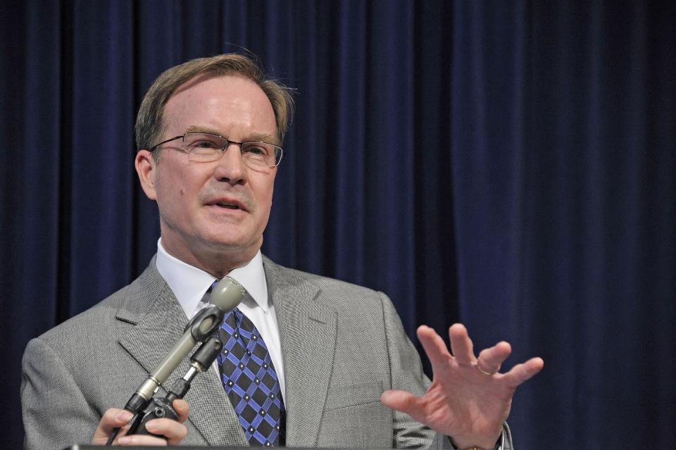 Michigan Attorney General Bill Schuette speaks about the United States Supreme Court's decision, Tuesday, April 22, 2014, regarding the state's Affirmative Action law involving college admissions, during a news conference in Lansing, Mich. (AP Photo/The Detroit News, Dale G. Young) DETROIT FREE PRESS OUT; HUFFINGTON POST OUT.