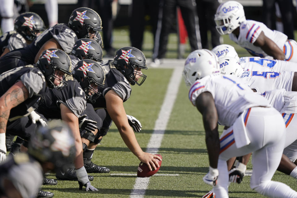 Vanderbilt lines up against Florida in the second half of an NCAA college football game Saturday, Nov. 21, 2020, in Nashville, Tenn. (AP Photo/Mark Humphrey)