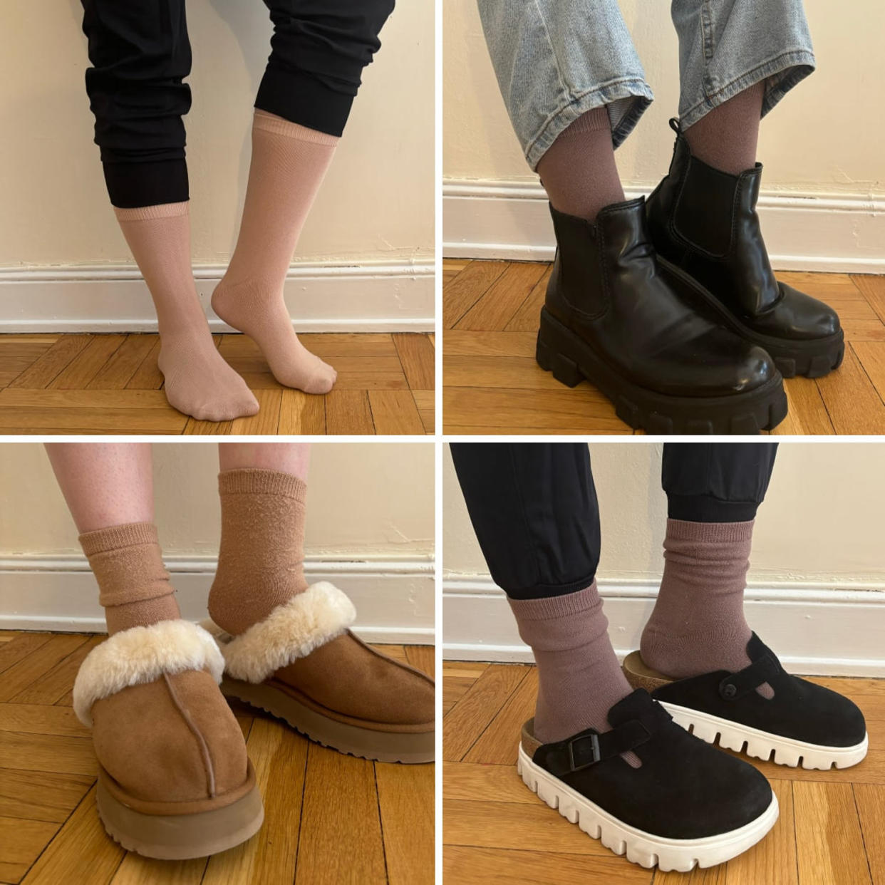 A woman wearing Skims Everyday Crew Socks with high-top sneakers, boots and slippers. (Courtesy Zoe Malin)