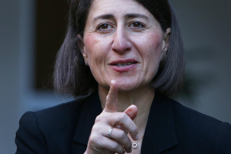 SYDNEY, AUSTRALIA - FEBRUARY 22: Premier Gladys Berejiklian speaks with the media at The Royal Prince Alfred Hospital Vaccination Hub on February 22, 2021 in Sydney, Australia. The first phase of the vaccination program includes up to 1.4 million doses of the Pfizer vaccine for frontline healthcare workers, quarantine personnel and aged care centre residents and employees. (Photo by Lisa Maree Williams/Getty Images)