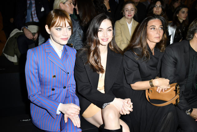 Emma Stone Wore Cropped Jacket and Mini Skirt at Louis Vuitton Show