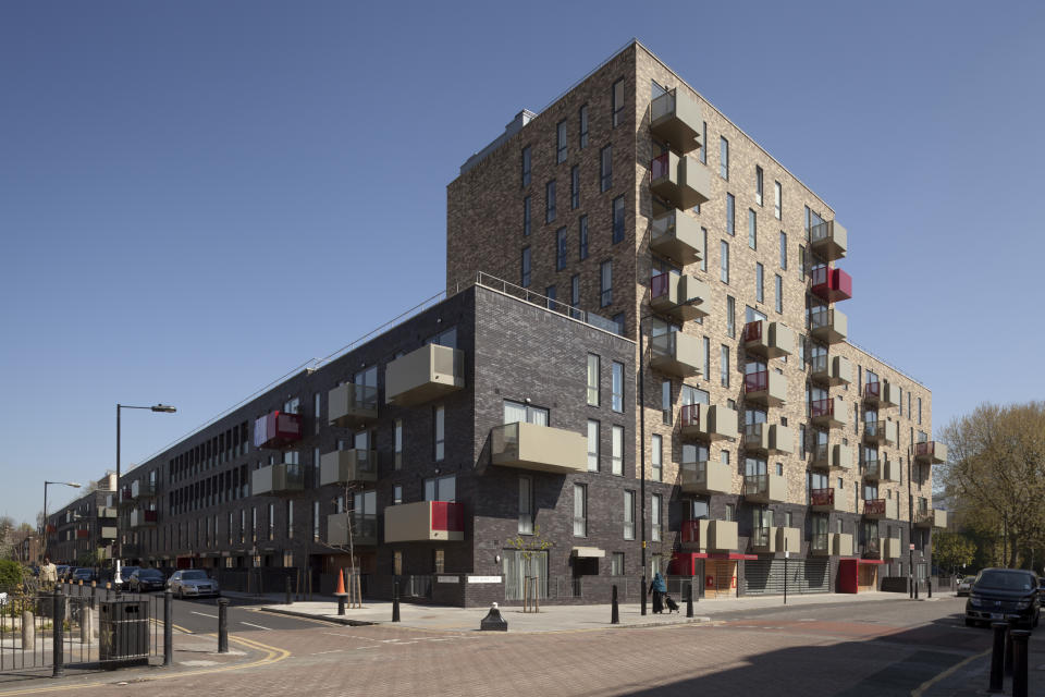 View from street corner. Ocean Estate, London, United Kingdom. Architect: Levitt Bernstein, 2015. (Photo by: Matt Clayton/View Pictures/Universal Images Group via Getty Images)