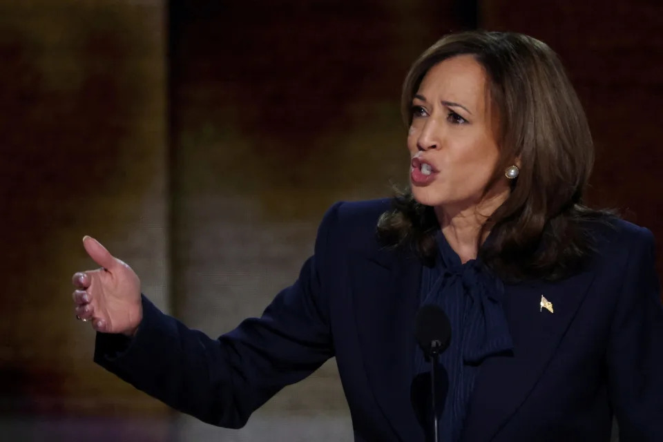 FILE PHOTO: Democratic presidential nominee and U.S. Vice President Kamala Harris takes the stage on Day 4 of the Democratic National Convention (DNC) at the United Center in Chicago, Illinois, U.S., August 22, 2024. REUTERS/Mike Segar/File Photo