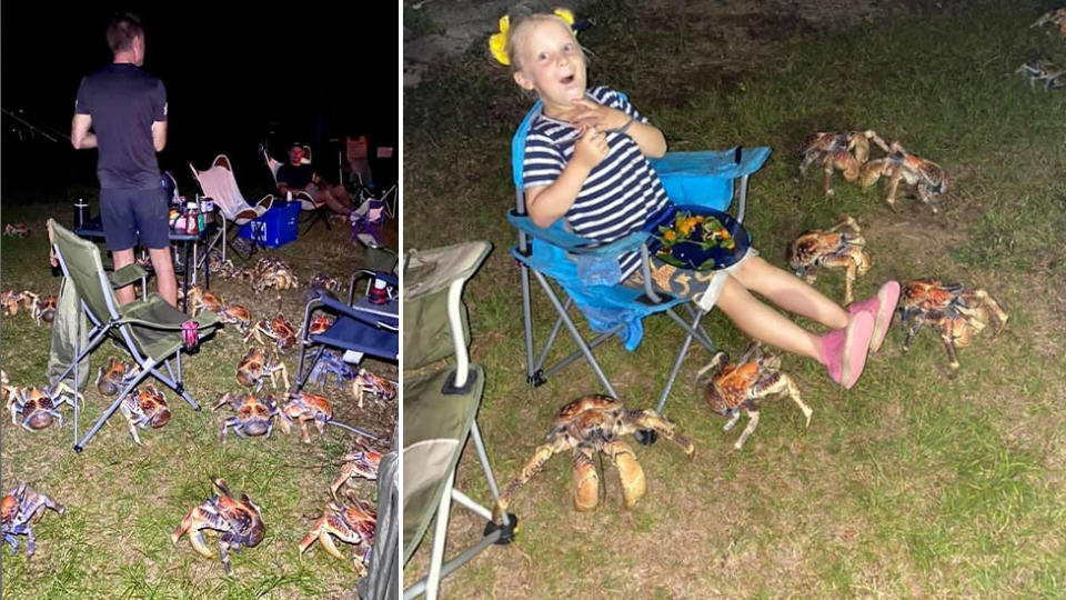 Pictured is the large crabs swarming the camping site. Right is a young girl lifting her legs as she eats and the cabs inch closer to her feet. 