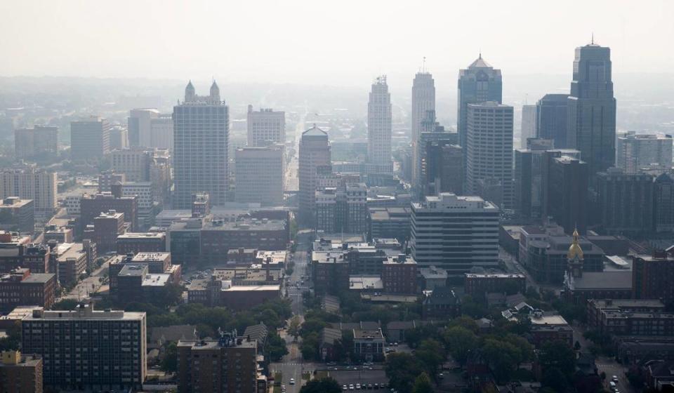 Downtown Kansas City as seen from the Subway blimp on Wednesday, Sept. 6, 2023, in Kansas City.